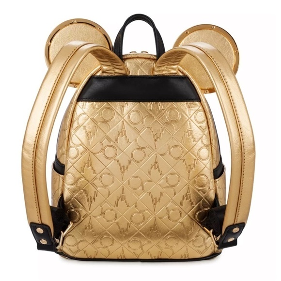 Mickey Mouse Walt Disney World 50th Anniversary Leather Gold Loungefly Backpack - Picture 2 of 13